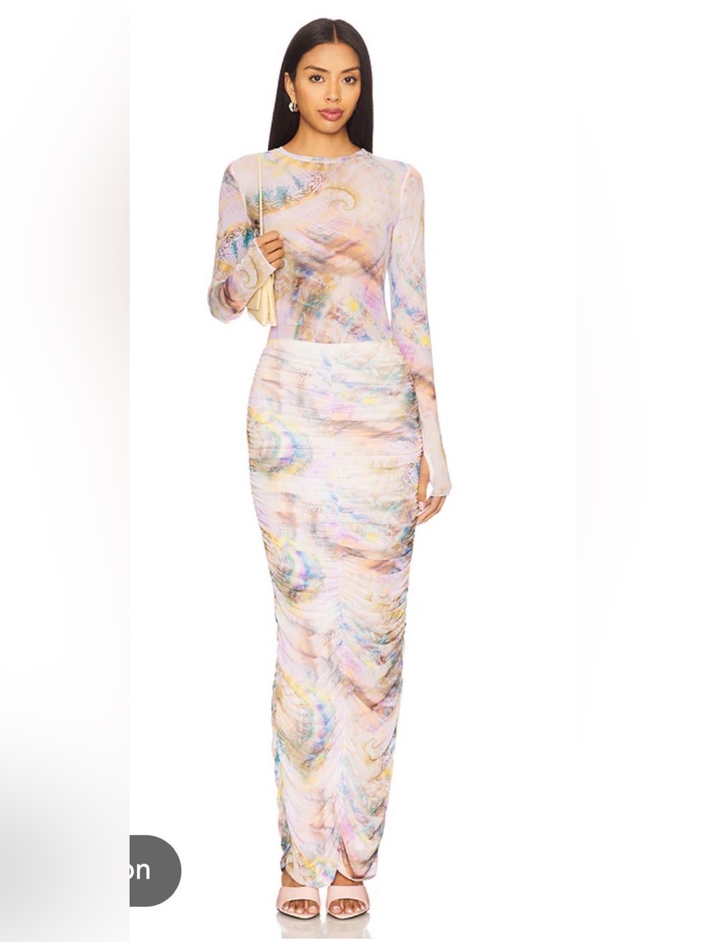 AFRM Josie Ruched Mesh Maxi Skirt Pearly Shell Pastel Watercolor Size M